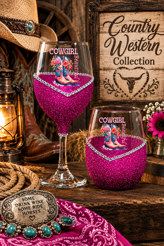 Cowgirl Beautiful – Bling Glitter Glass Wine Glasses (Country Western Collection)