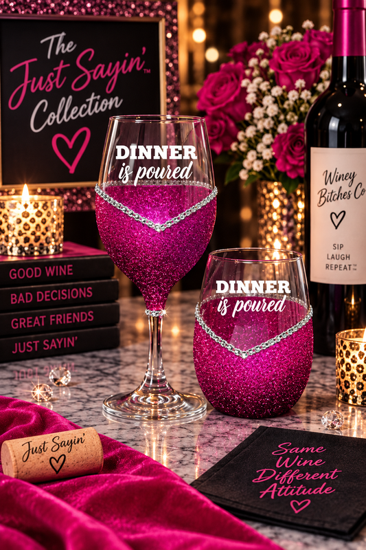 Dinner’s Poured – Bling Glitter Glass Wine Glasses (Just Sayin’ Collection)