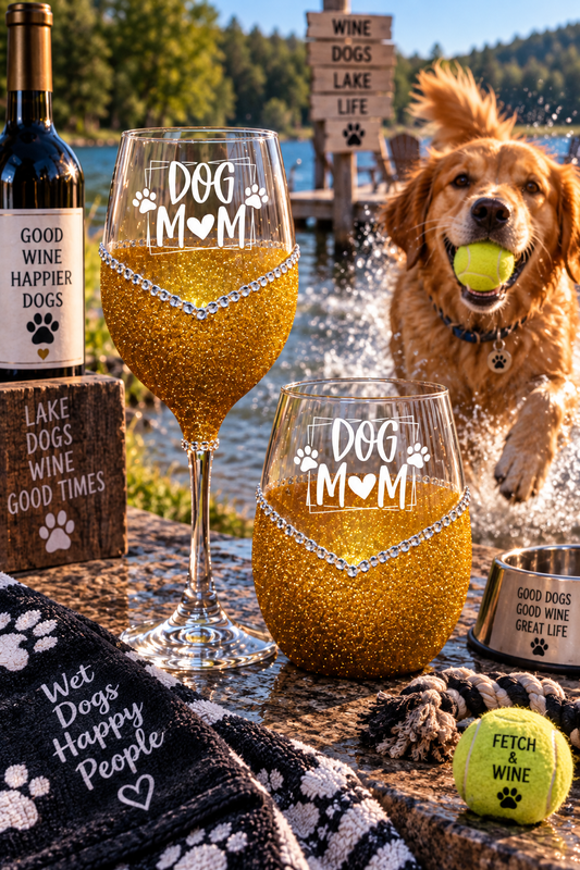 Dog Mom 2 – Bling Glitter Glass Wine Glasses (Just Sayin’ Collection)