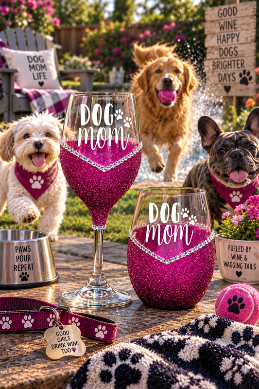 Dog Mom with Paws – Bling Glitter Glass Wine Glasses (Just Sayin’ Collection)