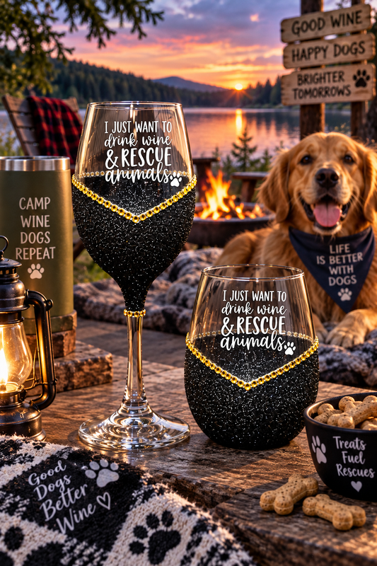 I Want to Drink Wine and Rescue Animals – Bling Glitter Glass Wine Glasses (Just Sayin’ Collection)