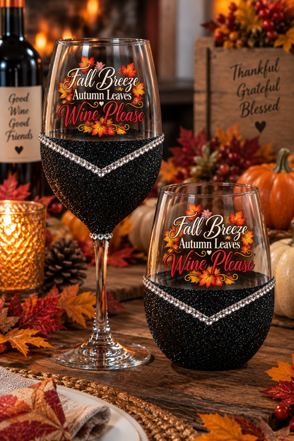 🦃🍷 Winey Bitches Fall Breeze, Autumn Leaves, Wine Please Glitter Wine Glass