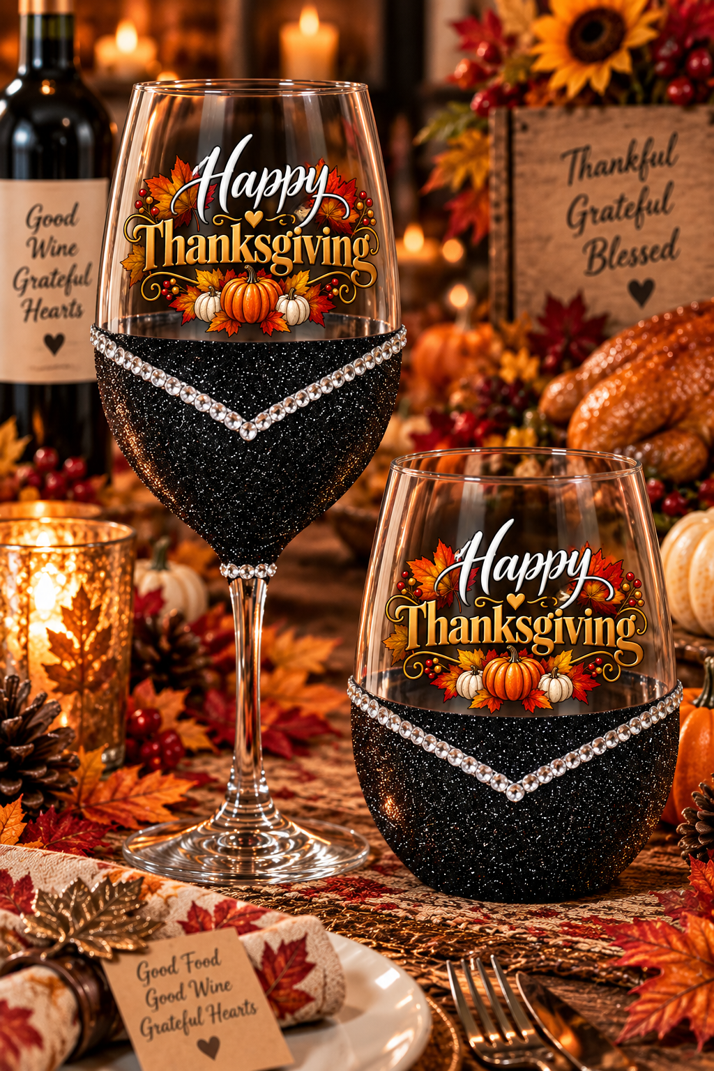 🦃🍷 Winey Bitches Co Happy Thanksgiving Glitter Wine Glass