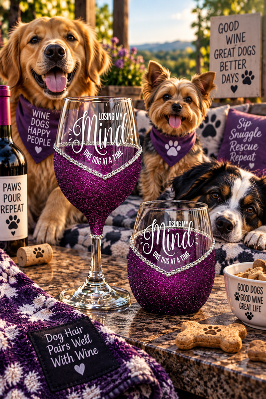 Losing My Mind – One Dog at a Time – Bling Glitter Glass Wine Glasses (Just Sayin’ Collection)