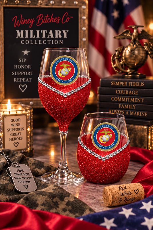 🦅🍷💋🇺🇸✨ Winey Bitches Co Military–Marines Bling Stem or Stemless Wine Glasses