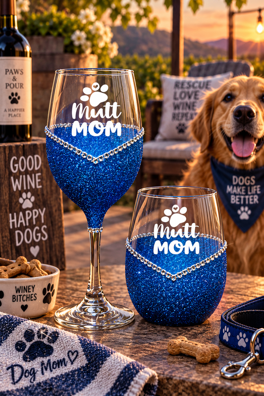 Mutt Mom – Bling Glitter Glass Wine Glasses (Just Sayin’ Collection)