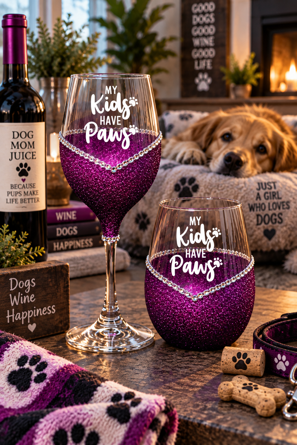 My Kids Have Paws – Bling Glitter Glass Wine Glasses (Just Sayin’ Collection)