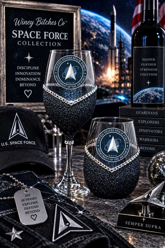 🚀🍷💋🇺🇸✨ Winey Bitches Co Military–Space Force Bling Stem or Stemless Wine Glasses