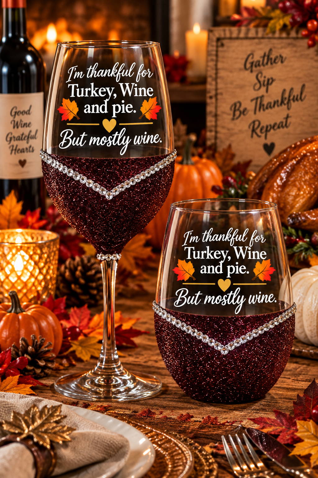 🦃🍷 Winey Bitches Thankful for Turkey, Wine & Pie... But Mostly Wine Glitter Wine Glass