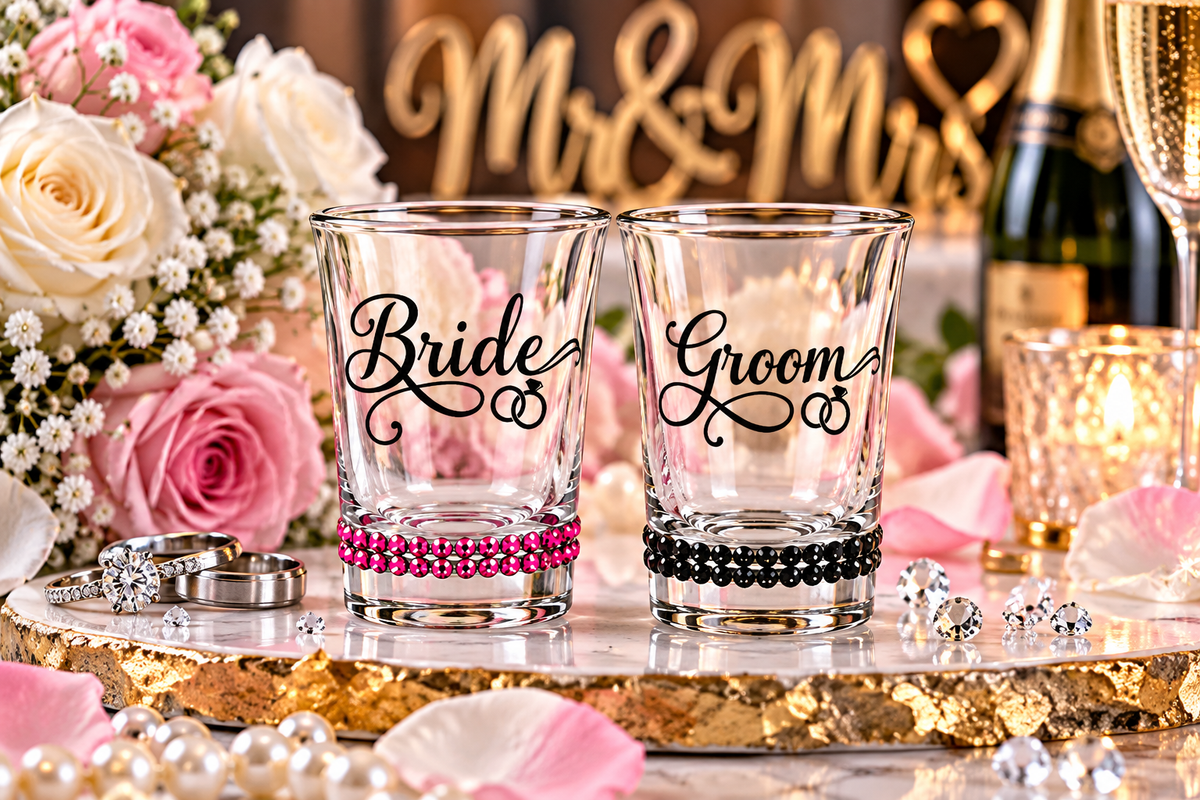 Personalized Wedding Shot Glass with Rhinestones | Winey Bitches Co