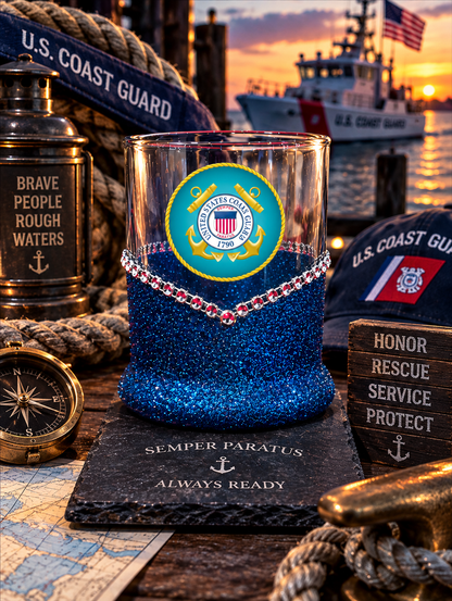 Blinged Coast Guard Military Whiskey-Highball Glasses-Choose Color