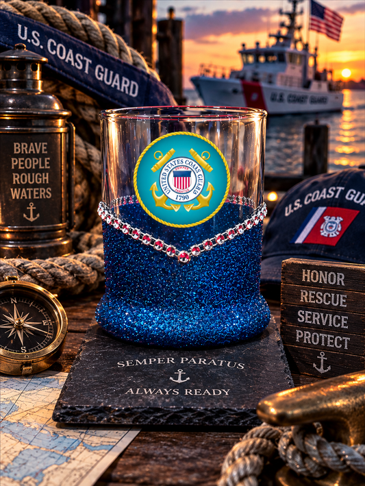 Blinged Coast Guard Military Whiskey-Highball Glasses-Choose Color