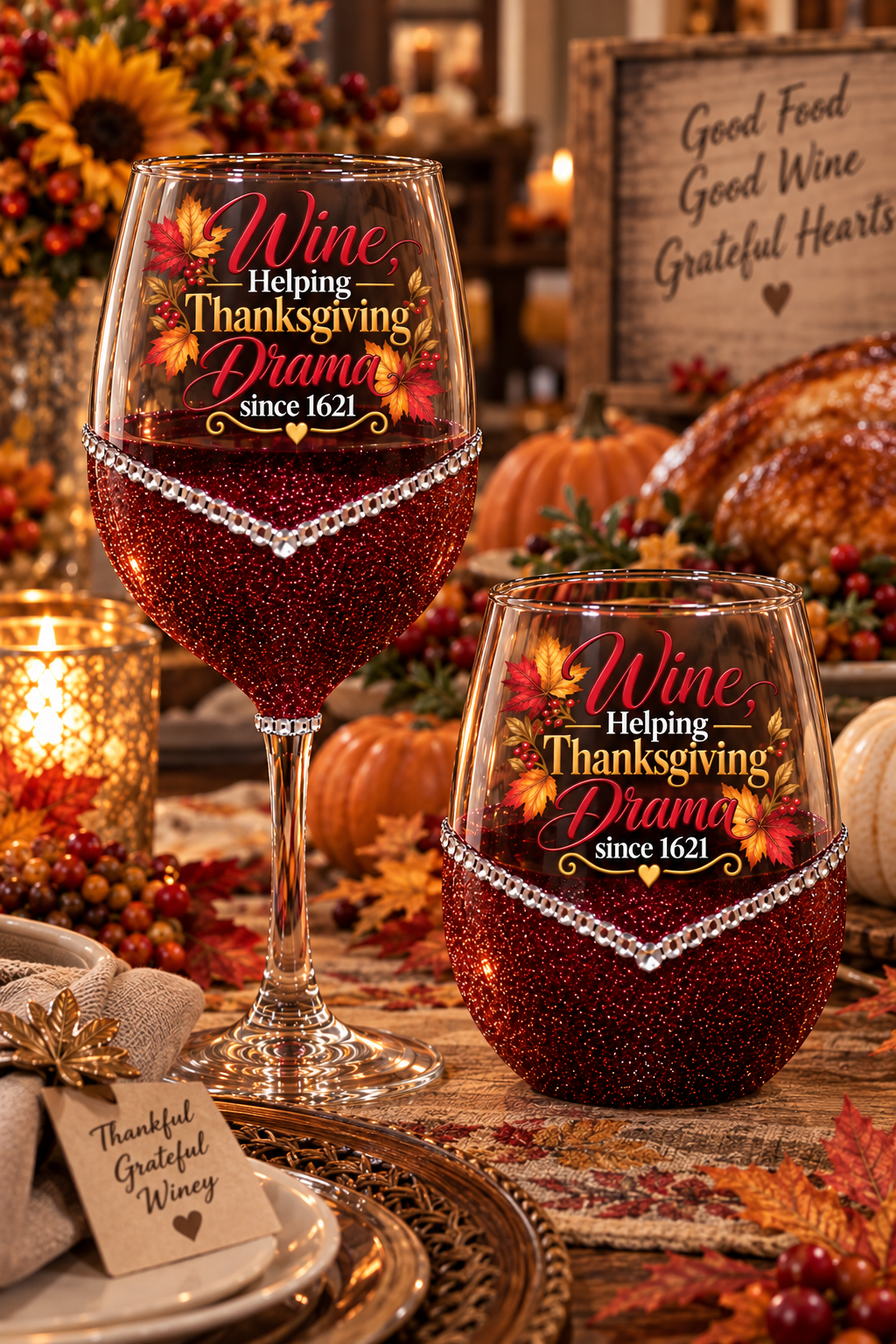 🦃🍷 Winey Bitches Wine Helping Thanksgiving Drama Since 1621 Glitter Wine Glass
