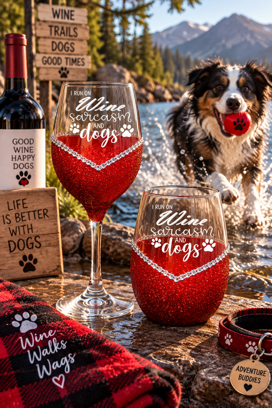 I Run On Sarcasm, Wine & Dogs – Bling Glitter Glass Wine Glasses (Just Sayin’ Collection)