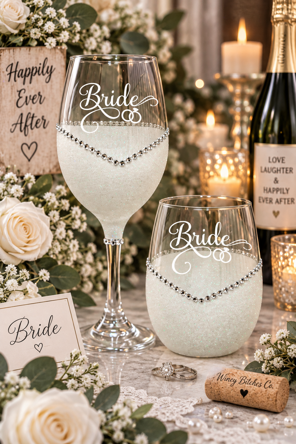 Bride (Wedding Rings Design) – Handmade Bling Wine Glass (Wedding Party Collection)