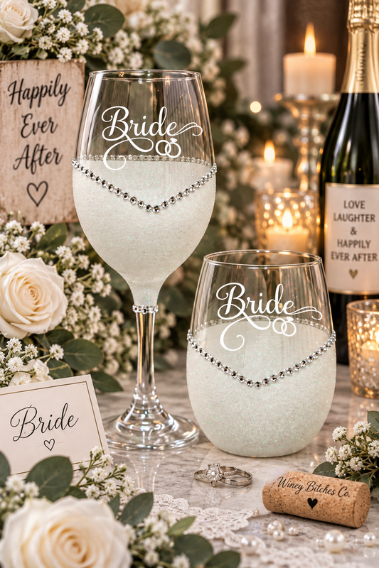 Bride (Wedding Rings Design) – Handmade Bling Wine Glass (Wedding Party Collection)