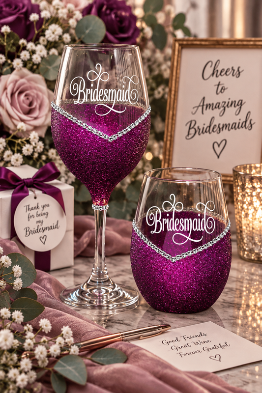 Bridesmaid – Handmade Bling Wine Glass (Wedding Party Collection)