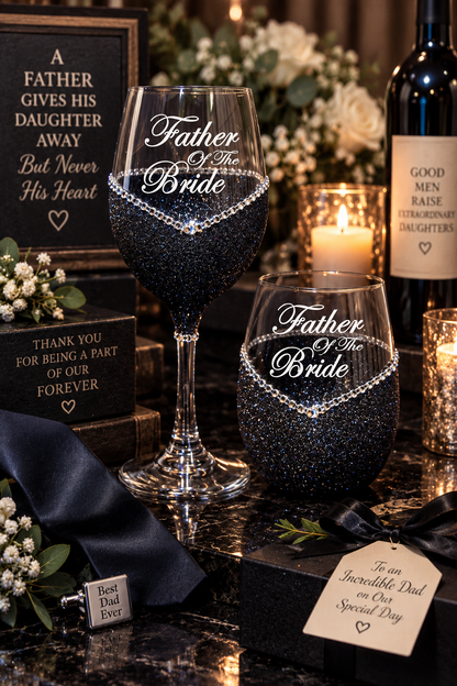 Father of the Bride – Handmade Bling Wine Glass (Wedding Party Collection)