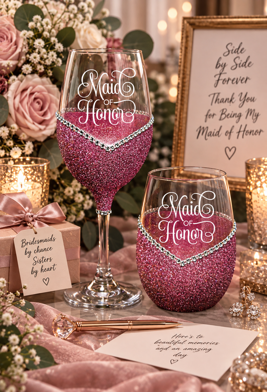 Maid of Honor – Handmade Bling Wine Glass (Wedding Party Collection)