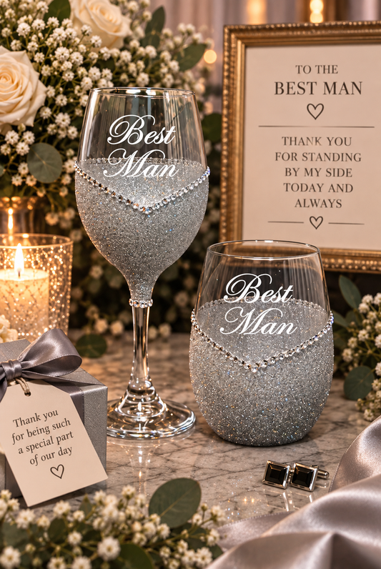 Best Man – Handmade Bling Wine Glass (Wedding Party Collection)