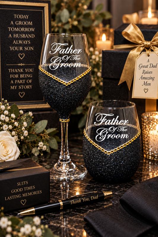Father of the Groom – Handmade Bling Wine Glass (Wedding Party Collection)