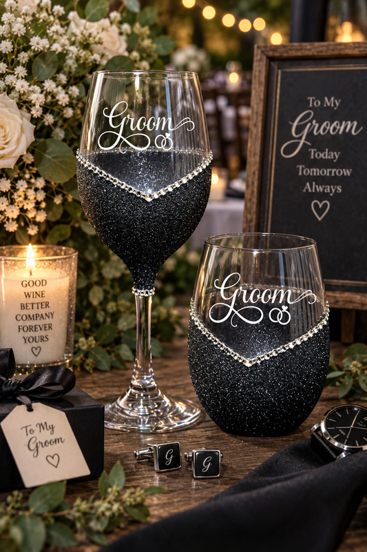 Groom (Wedding Rings Design) – Handmade Bling Wine Glass (Wedding Party Collection)
