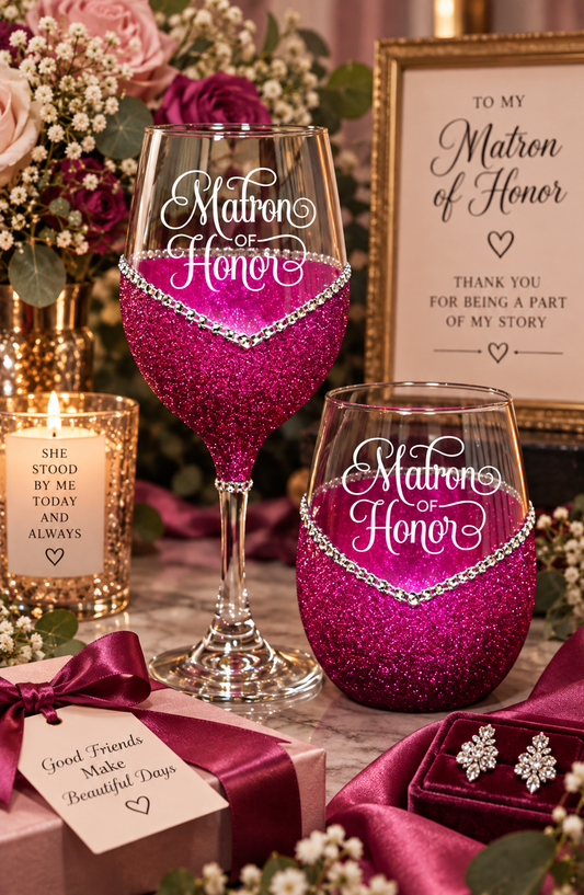 Matron of Honor – Handmade Bling Wine Glass (Wedding Party Collection)