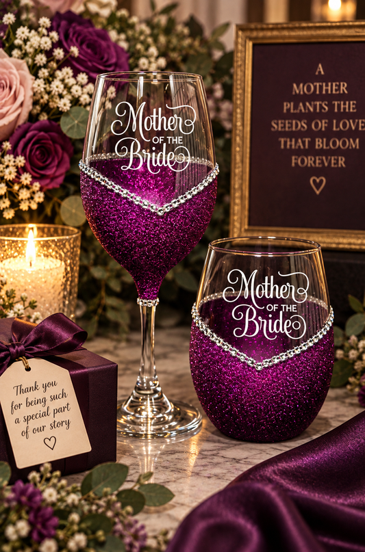 Mother of the Bride – Handmade Bling Wine Glass (Wedding Party Collection)