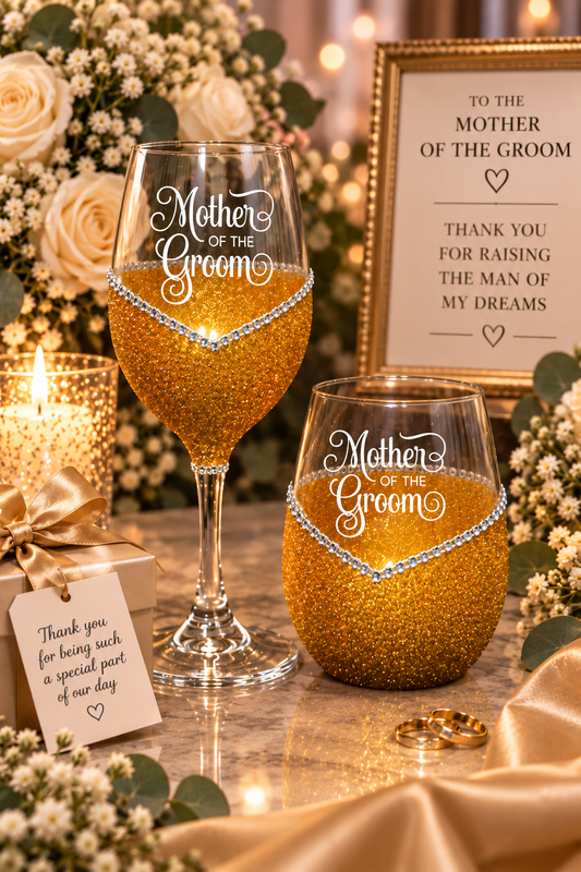 Mother of the Groom – Handmade Bling Wine Glass (Wedding Party Collection)