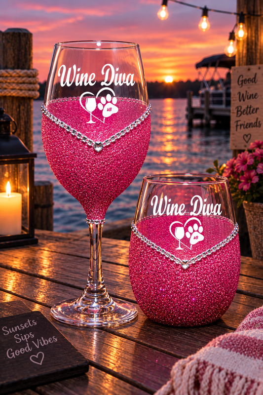 Wine Diva – Bling Glitter Glass Wine Glasses (Just Sayin’ Collection)