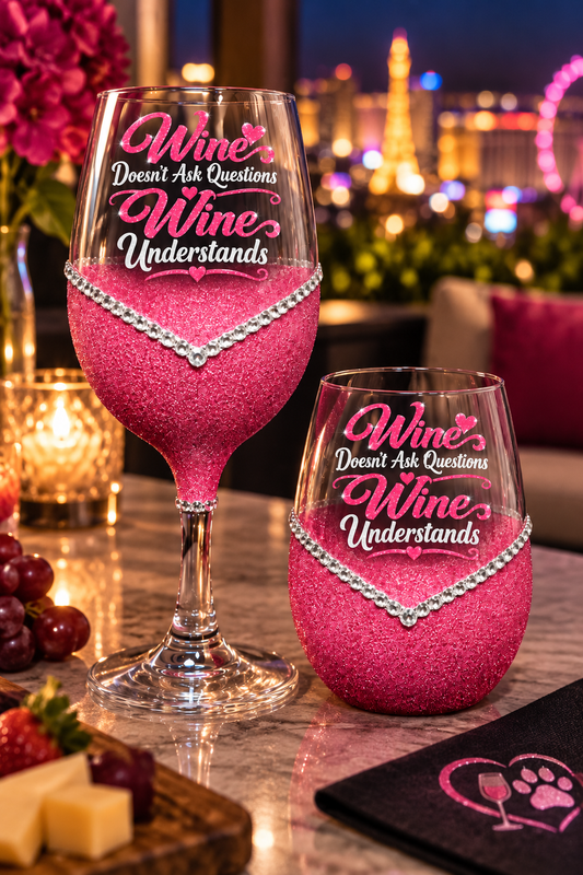 Wine Doesn’t Ask Questions, Wine Understands – Bling Glitter Glass Wine Glasses (Just Sayin’ Collection)