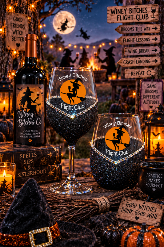 Flight Club (Witch on Broom) – Bling Glitter Glass Wine Glasses (Halloween Collection)
