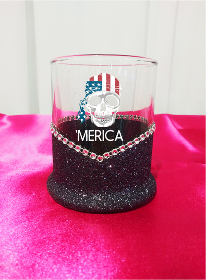 Winey Bitches Co 💀 'Merica Skull Glitter Whiskey Glasses ✨🥃
