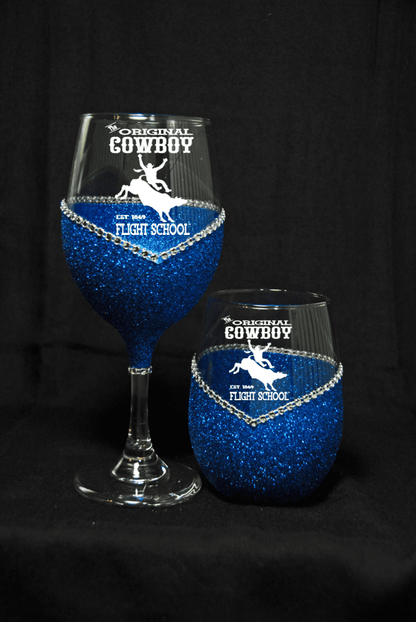 The Original Cowboy Flight School (Bucking Horse) – Bling Glitter Glass Drinkware (Country Western Collection)