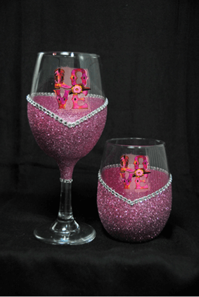 Pink Love – Bling Glitter Glass Wine Glasses (Signature Collection)