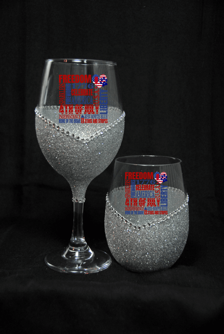 Freedom Squared Word Scramble – Bling Glitter Glass Wine Glasses (4th of July Collection)