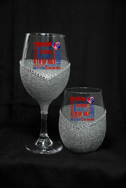 Freedom Squared Word Scramble – Bling Glitter Glass Wine Glasses (4th of July Collection)