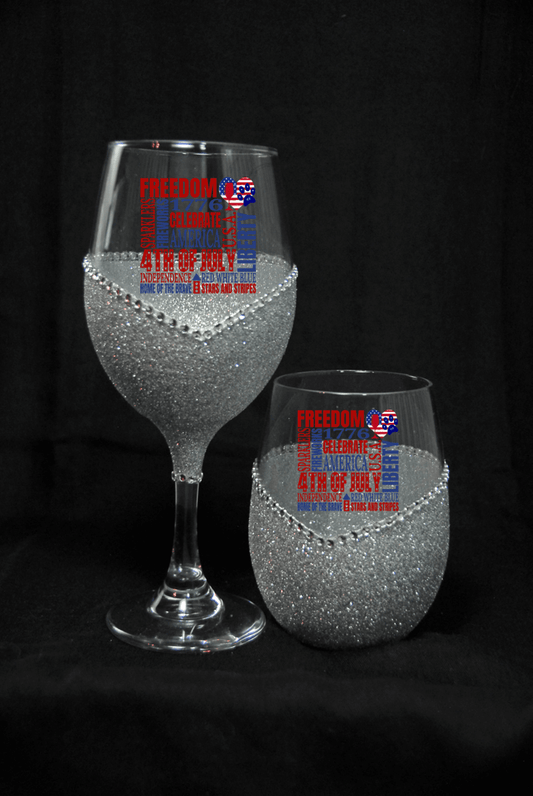 Freedom Squared Word Scramble – Bling Glitter Glass Wine Glasses (4th of July Collection)