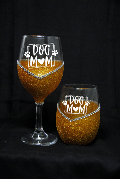Dog Mom 2 – Bling Glitter Glass Wine Glasses (Just Sayin’ Collection)