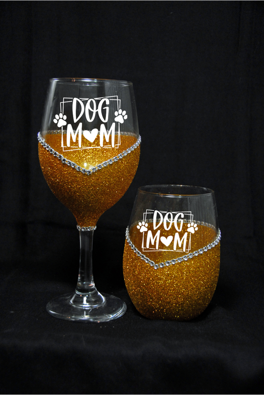 Dog Mom 2 – Bling Glitter Glass Wine Glasses (Just Sayin’ Collection)