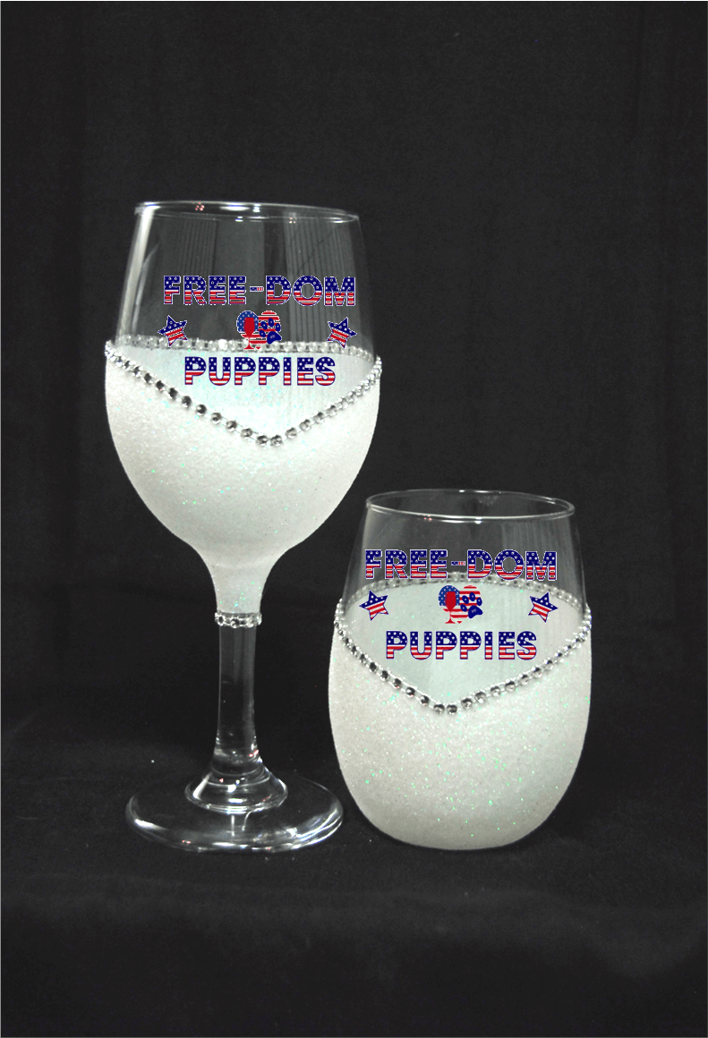 Free-Dom Puppies – Bling Glitter Glass Wine Glasses (4th of July Collection)