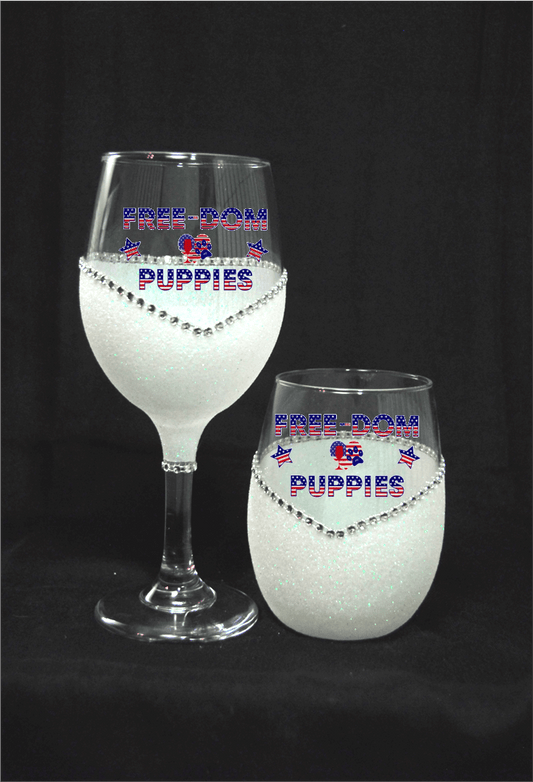 Free-Dom Puppies – Bling Glitter Glass Wine Glasses (4th of July Collection)