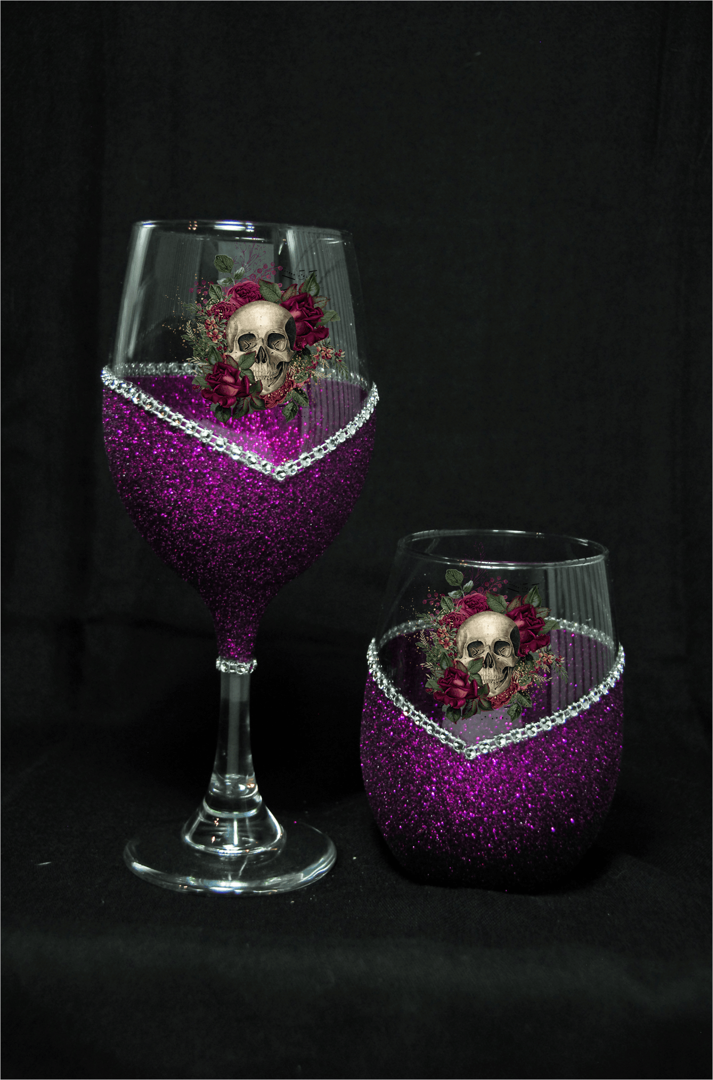 Floral Skull Design #1-Bling Stem or Stemless Wine Glasses-Choose your color-Pirate Theme - Winey Bitches - Wine- Women- K9's