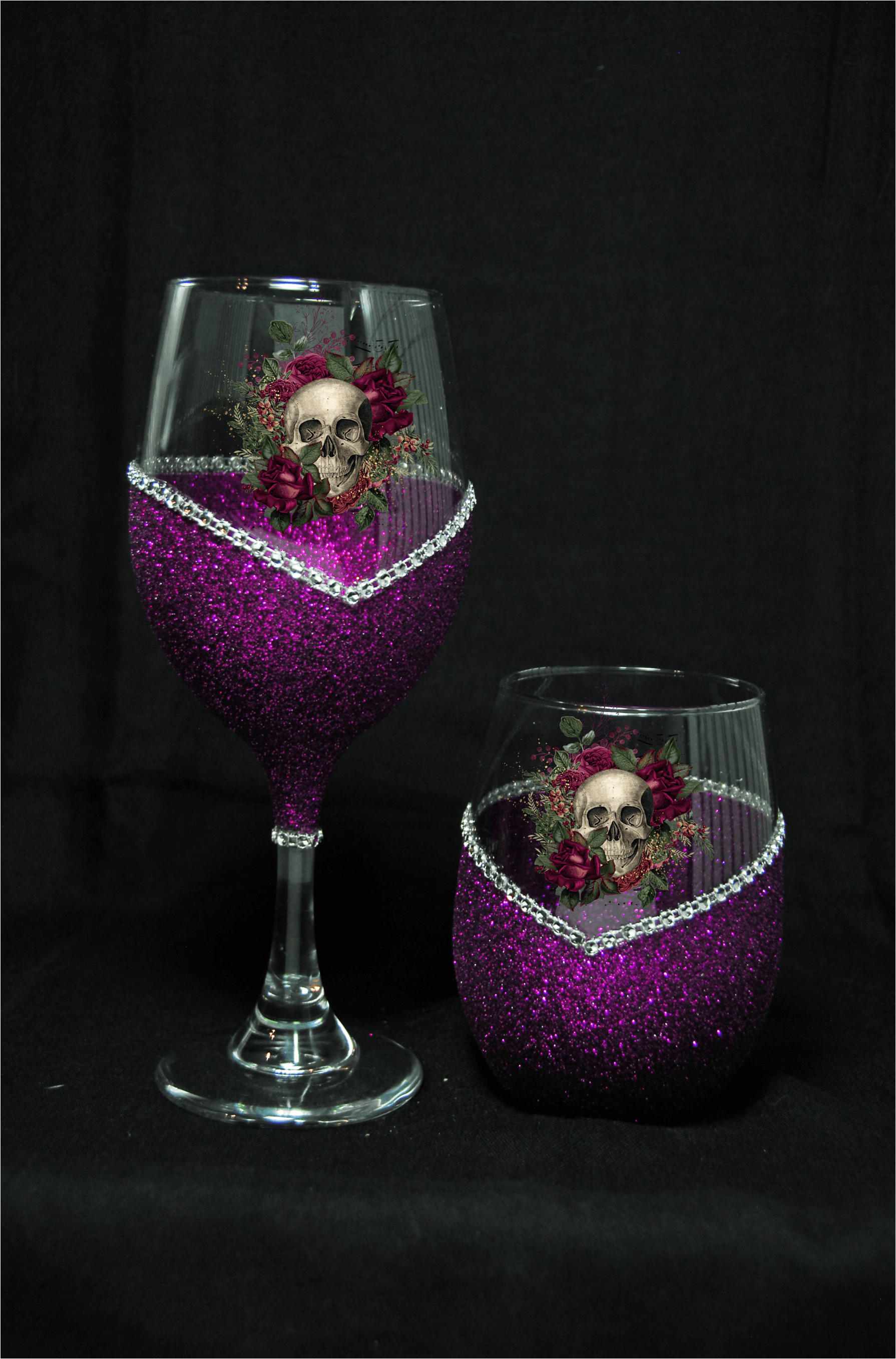 Floral Skull Design #1-Bling Stem or Stemless Wine Glasses-Choose your color-Pirate Theme - Winey Bitches - Wine- Women- K9's