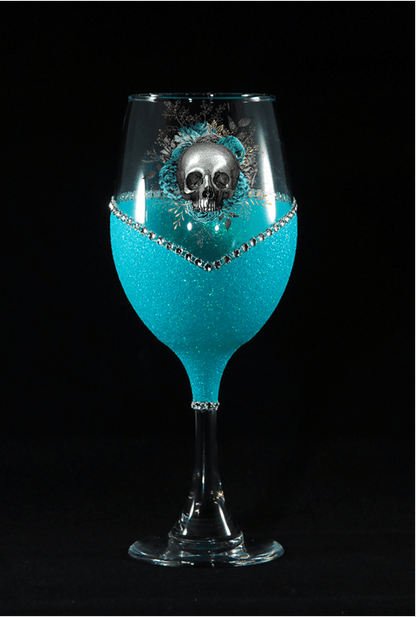 Floral Skull Design #3-Bling Stem or Stemless Wine Glasses-Choose your color-Pirate Theme - Winey Bitches - Wine- Women- K9's