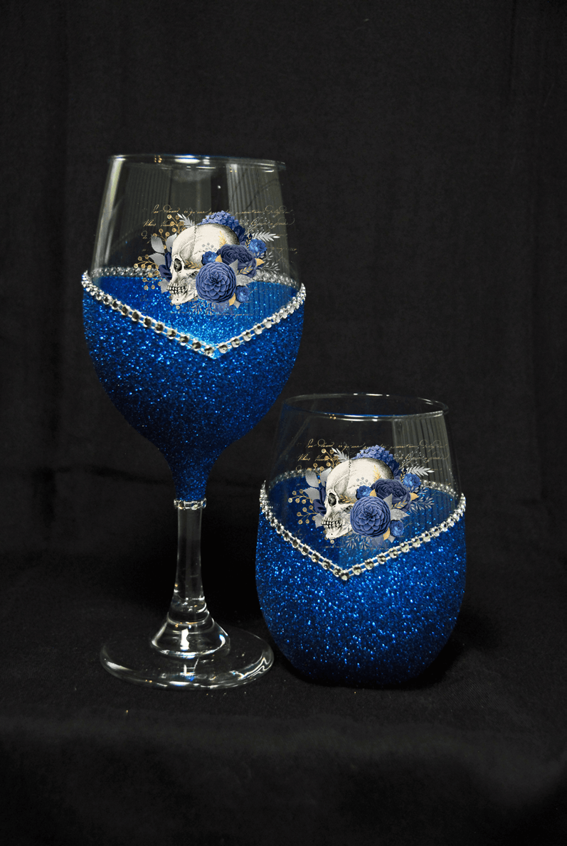 Floral Skull Design #5-Bling Stem or Stemless Wine Glasses-Choose your color-Pirate Theme - Winey Bitches - Wine- Women- K9's