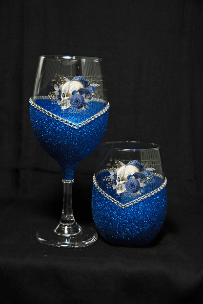 Floral Skull Design #5-Bling Stem or Stemless Wine Glasses-Choose your color-Pirate Theme - Winey Bitches - Wine- Women- K9's