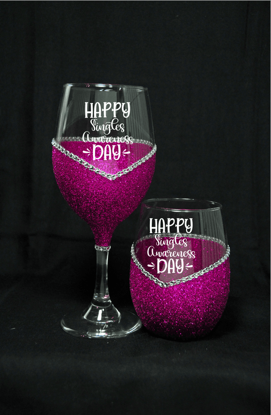 Happy Single Awareness Day " Anti Valentines Day Wine Glass- Choose your color, Stem or Stemless - Winey Bitches - Wine- Women- K9's