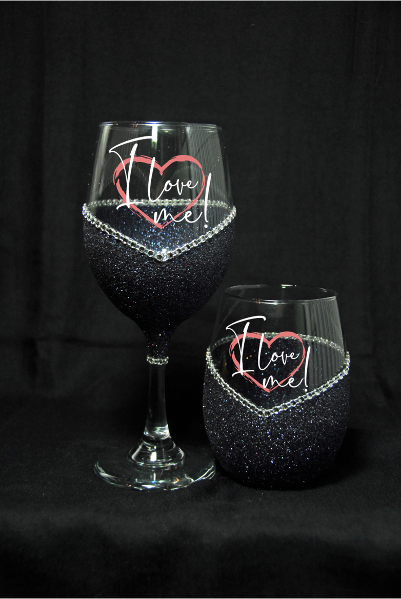 I Love Me – Bling Glitter Glass Wine Glasses (Valentine’s Day Collection)