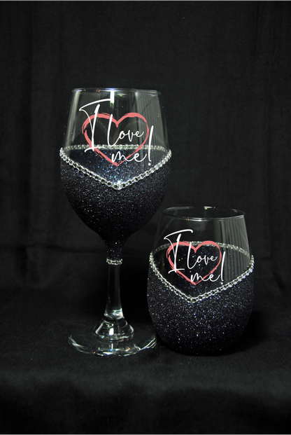 I Love Me – Bling Glitter Glass Wine Glasses (Valentine’s Day Collection)